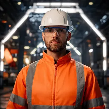 Industriearbeiter mit Schutzhelm und Schutzbrille in Produktionshalle – Trockeneisstrahlen und Laserreinigung für Industrieanlagen