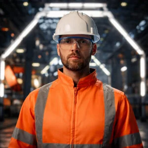 Industriearbeiter mit Schutzhelm und Schutzbrille in Produktionshalle – Trockeneisstrahlen und Laserreinigung für Industrieanlagen